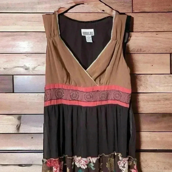 Robbie Bee Women’s Dress Sz 8 V-Neck Maxi Dress Brown and Coral Floral Dress - Picture 7 of 8